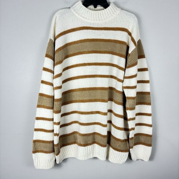 Mens VTG Y2K 90's Sweater Sz XXL Stripe Preppy Oversized Tan White DISS - Picture 1 of 6